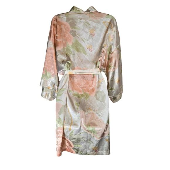 Pastel Satin Rose Floral Kimono Robe Coverup Peony Pink Boho Paisley Knee Large - Picture 5 of 7